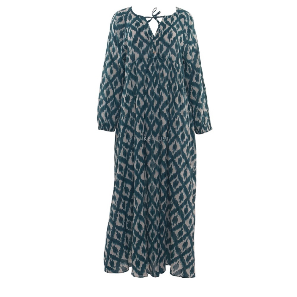 OYSH0 OVERSIZED MAXI DRESS LIGHTWEIGHT SEMI SHEER GREEN & CREAM PATTERN  SZ XS